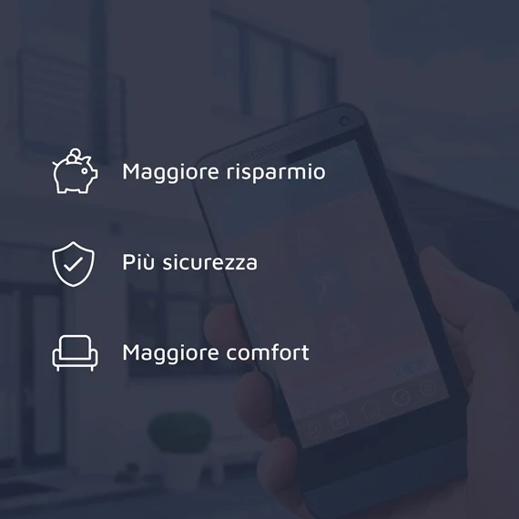 uomo con smartphone usa servizi smart home e icone vantaggi