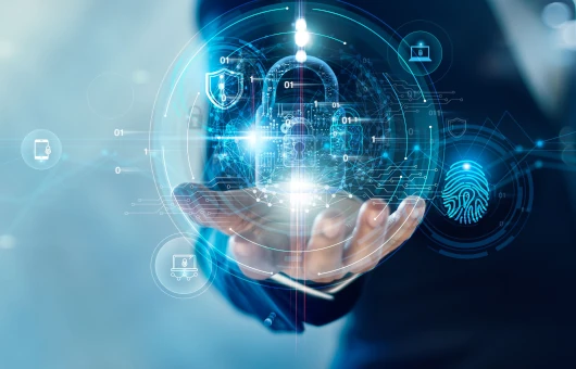 mano di un uomo con sopra una sfera digitale