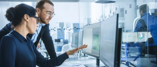 colleagues watching at business process in pc monitor