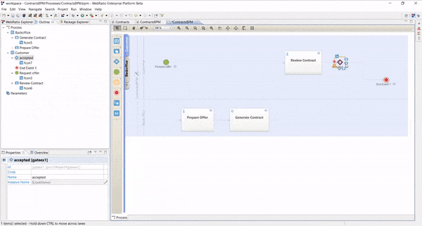All'interno del Business Process Designer della piattaforma Low-Code di WebRatio viene aggiunto un gateway con il linguaggio visuale BPMN
