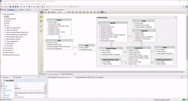 Nel Data Model dell'OpenAPI Designer della piattaforma Low-Code di WebRatio viene importato un modello dati esterno con il linguaggio visuale UML